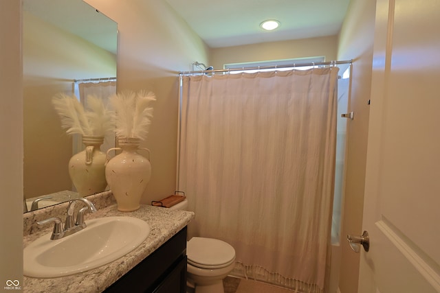 bathroom with vanity, walk in shower, and toilet