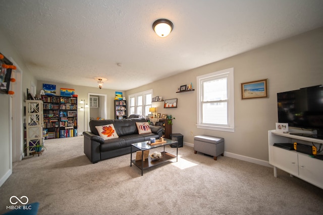 living room with a textured ceiling and carpet flooring