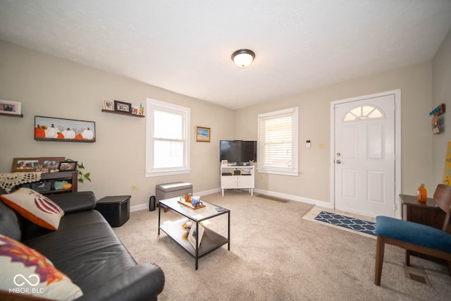 living room featuring light colored carpet