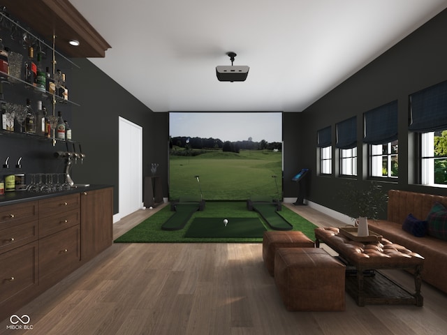 1717 Beaufain St, Carmel, IN 46032 - playroom featuring golf simulator, a bar, an area to practice putting, and wood finished floors