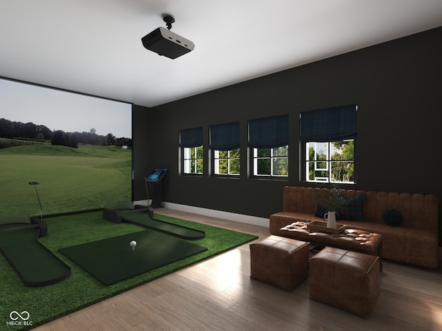 1717 Beaufain St, Carmel, IN 46032 - exercise room with golf simulator and wood finished floors