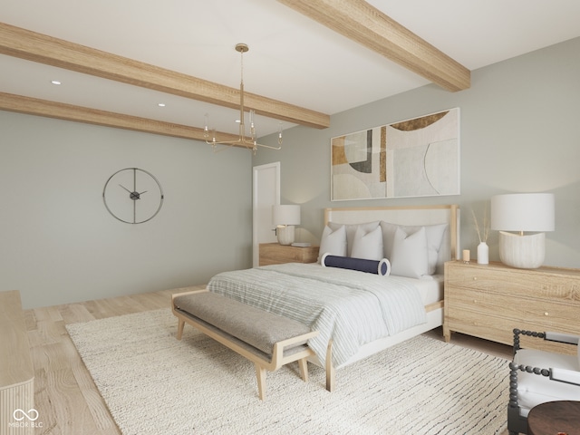 1717 Beaufain St, Carmel, IN 46032 - bedroom featuring beam ceiling, wood finished floors, a chandelier, and recessed lighting