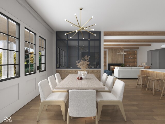 1717 Beaufain St, Carmel, IN 46032 - dining room with a chandelier, wood finished floors, and beamed ceiling