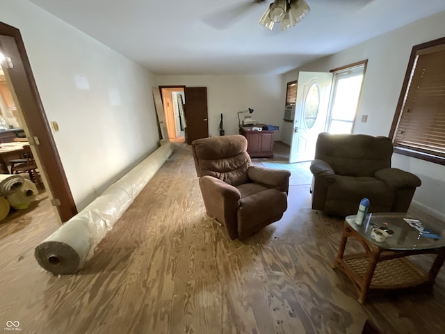 living room with ceiling fan and wood-type flooring