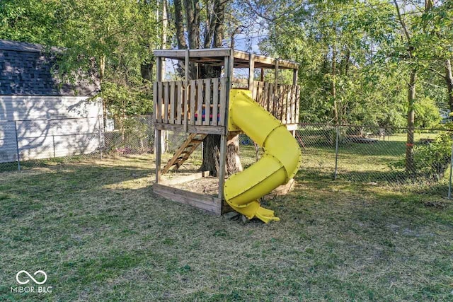 view of jungle gym with a yard