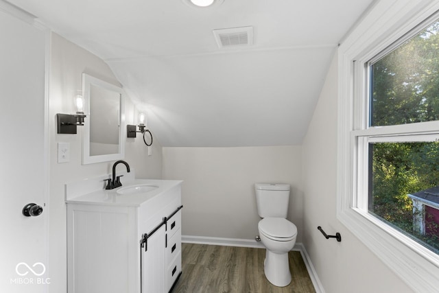 bathroom with vanity, lofted ceiling, hardwood / wood-style flooring, and toilet