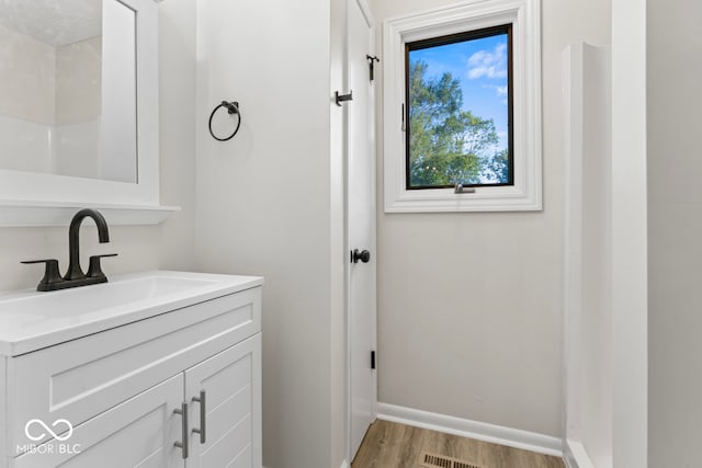 bathroom featuring vanity and hardwood / wood-style floors