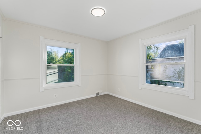 carpeted empty room featuring ornamental molding