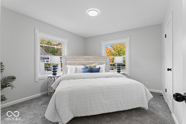 bedroom with dark carpet and multiple windows