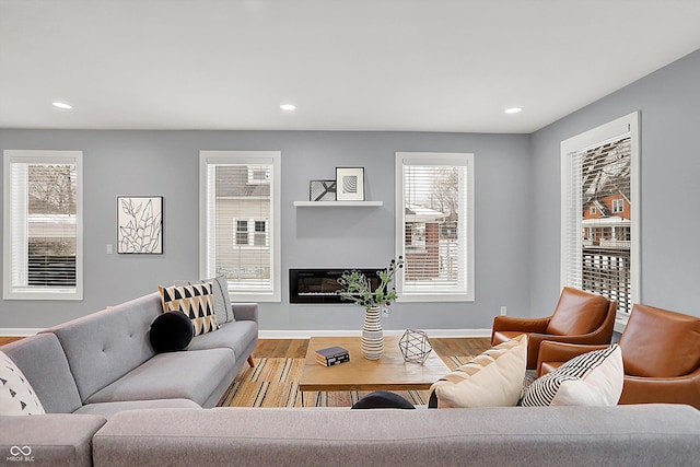 living room with light hardwood / wood-style flooring