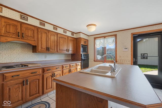 2831 S Hixon Rd S, Montezuma, IN 47862 - kitchen featuring a sink, electric cooktop, black oven, wallpapered walls, and built in microwave