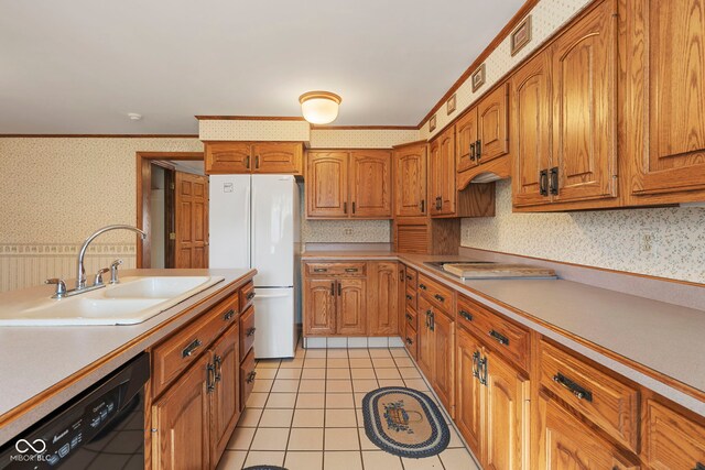 2831 S Hixon Rd S, Montezuma, IN 47862 - kitchen featuring wallpapered walls, dishwasher, freestanding refrigerator, a sink, and brown cabinetry
