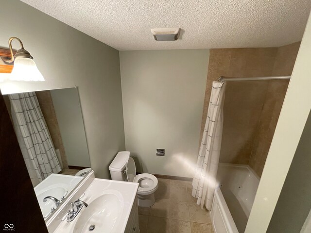 full bathroom featuring a textured ceiling, shower / tub combo with curtain, toilet, and tile patterned flooring