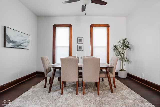 dining room with dark hardwood / wood-style flooring, ceiling fan, and a wealth of natural light