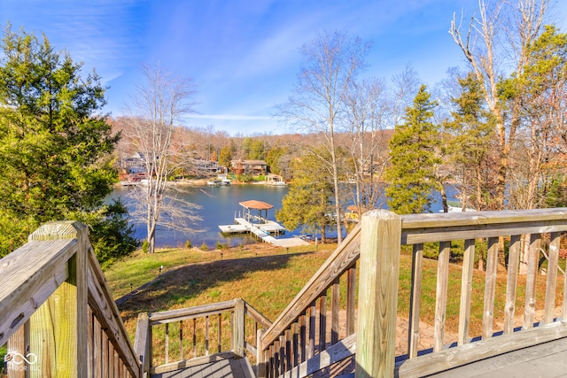 view of water feature with a dock