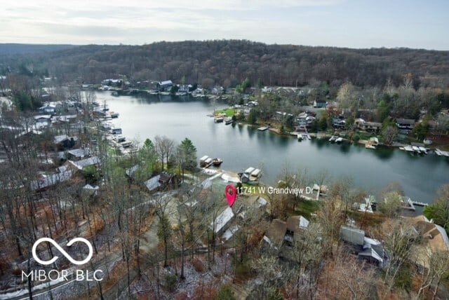 aerial view featuring a water view