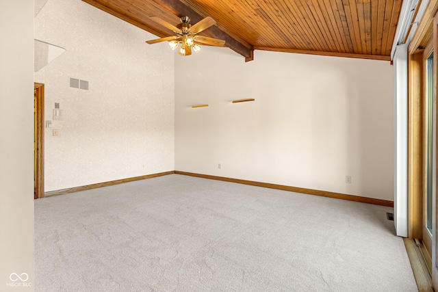 spare room with lofted ceiling, light colored carpet, ceiling fan, and wooden ceiling