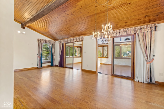 spare room with wooden ceiling, hardwood / wood-style floors, lofted ceiling with beams, and an inviting chandelier