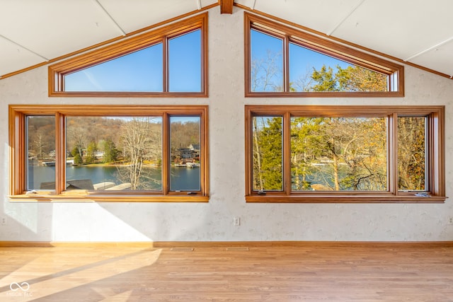 interior space with a healthy amount of sunlight, a water view, and lofted ceiling