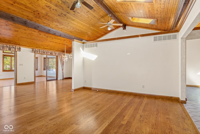 unfurnished room with light wood-type flooring, lofted ceiling with skylight, ceiling fan, and wood ceiling