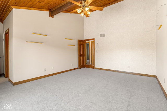 spare room featuring carpet flooring, vaulted ceiling with beams, and wooden ceiling