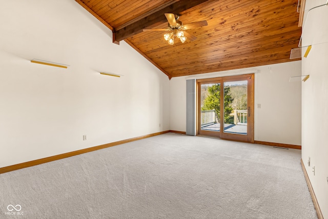 interior space featuring ceiling fan, beam ceiling, wooden ceiling, and high vaulted ceiling