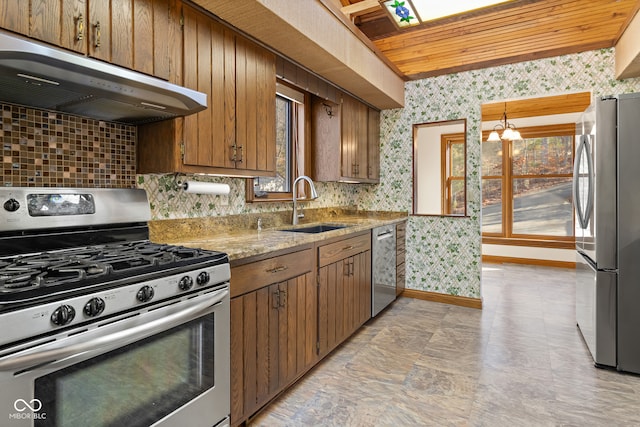 kitchen with ventilation hood, sink, plenty of natural light, stainless steel appliances, and a chandelier