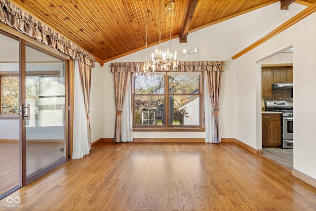 unfurnished dining area featuring an inviting chandelier, wooden ceiling, light hardwood / wood-style flooring, and vaulted ceiling