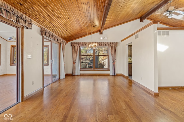 unfurnished living room with ceiling fan with notable chandelier, light wood-type flooring, lofted ceiling with beams, and wood ceiling