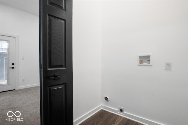 laundry area with hookup for an electric dryer, hookup for a washing machine, and dark wood-type flooring