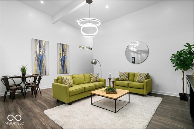 living room with high vaulted ceiling, a notable chandelier, beamed ceiling, and dark wood-type flooring