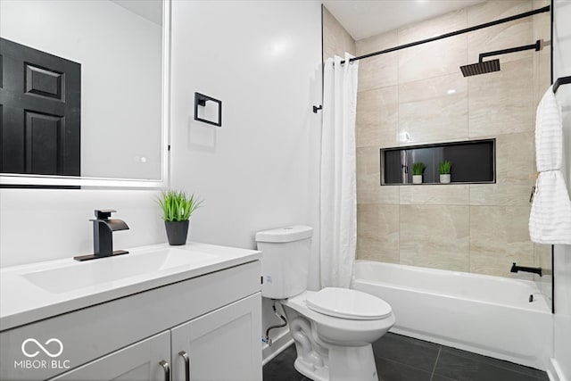 full bathroom with vanity, toilet, tile patterned floors, and shower / bath combination with curtain