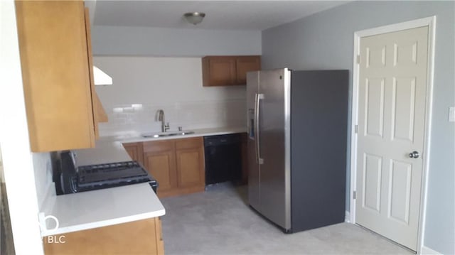 kitchen with extractor fan, black dishwasher, stainless steel refrigerator with ice dispenser, sink, and range