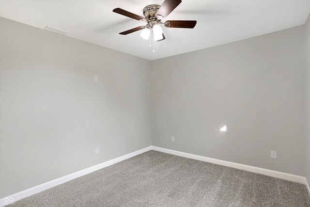 7234 N Christopher Ln, Fairland, IN 46126 - spare room featuring carpet, visible vents, a ceiling fan, and baseboards