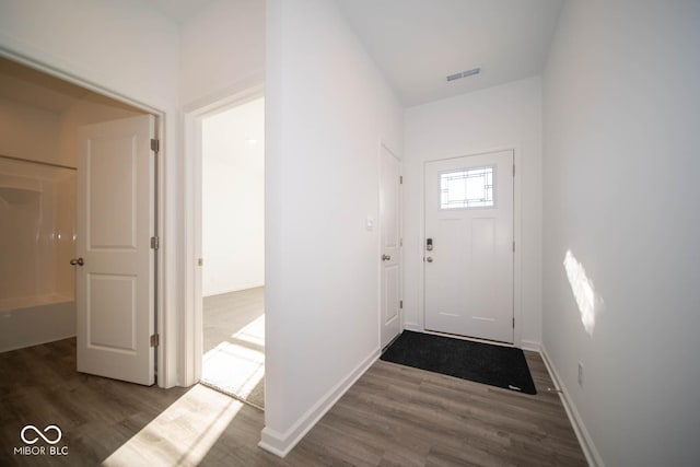 doorway to outside featuring dark wood-type flooring