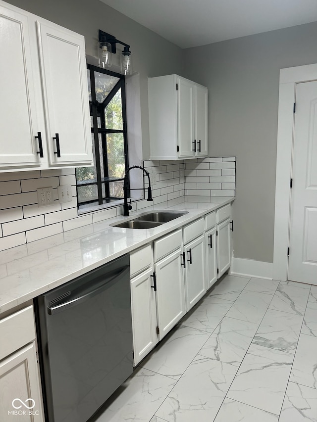 kitchen with stainless steel dishwasher, sink, decorative backsplash, and white cabinetry