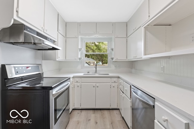 kitchen featuring white cabinetry, stainless steel appliances, sink, and light wood-type flooring