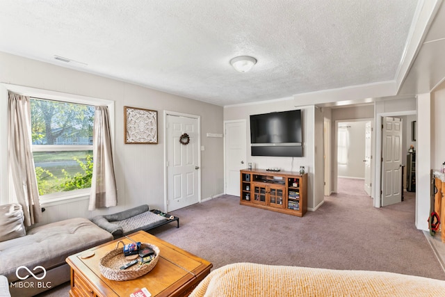 carpeted living room featuring a textured ceiling