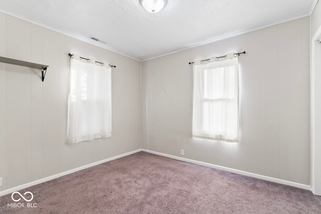 unfurnished room with crown molding and carpet