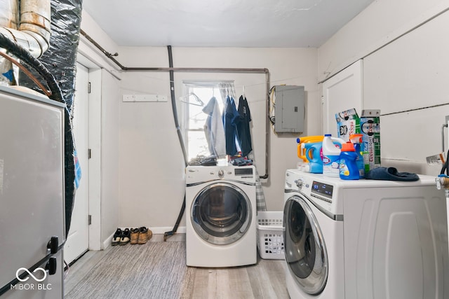 laundry area with electric panel, hardwood / wood-style flooring, and separate washer and dryer