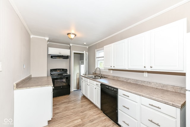 kitchen featuring sink, black appliances, white cabinetry, and crown molding