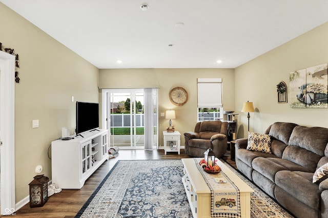 living room with dark hardwood / wood-style flooring