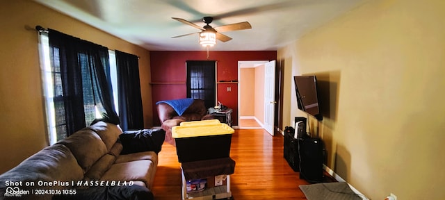 living room with ceiling fan and wood-type flooring