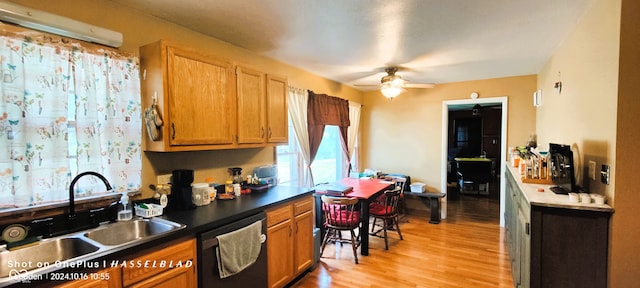 kitchen with ceiling fan, dishwasher, light hardwood / wood-style flooring, and sink