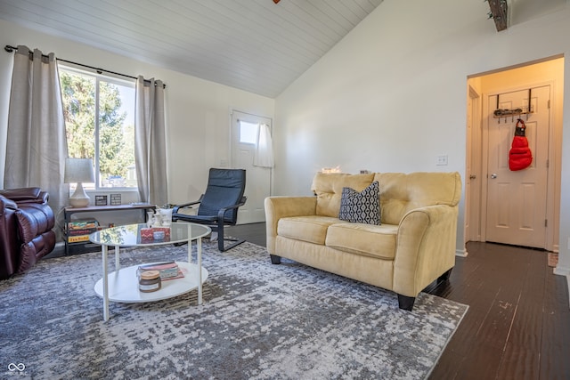 living room with high vaulted ceiling, dark wood-type flooring, and wood ceiling