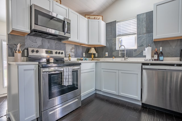 kitchen featuring sink, appliances with stainless steel finishes, dark hardwood / wood-style flooring, and white cabinetry