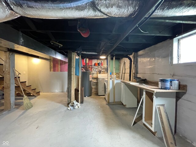 basement featuring independent washer and dryer and electric water heater