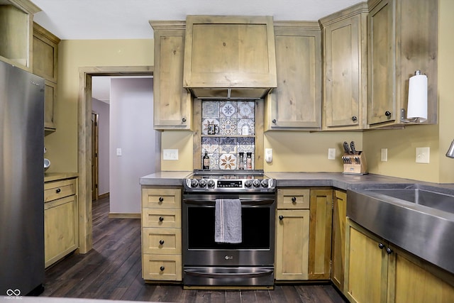 kitchen with custom exhaust hood, dark hardwood / wood-style floors, stainless steel appliances, and sink