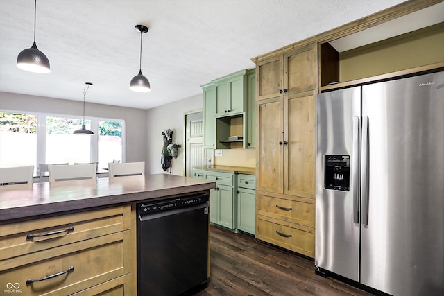 kitchen with black dishwasher, hanging light fixtures, dark hardwood / wood-style flooring, and stainless steel fridge