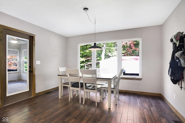 dining room with dark wood-type flooring and a healthy amount of sunlight